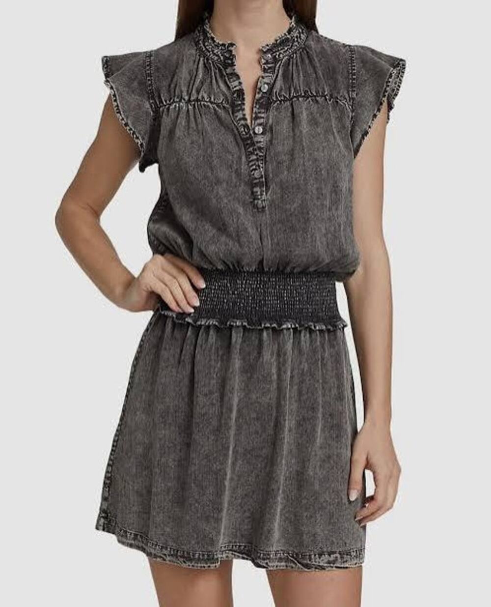 Rails Amina Dress Womens Medium Black Acid Wash Smocked Mini